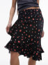 Topshop double ruffle knee length skirt in red and black floral