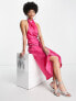 ASOS DESIGN Tall cowl neck halter midi with tie wrap waist in bright pink