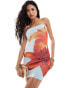 Kaiia mesh bandeau mini dress in light blue and orange lily print