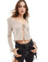 JDY tie front pointelle cardigan in beige