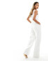 Kaiia linen square neck wide leg jumpsuit in white