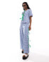 Neon Rose gingham and bow detail wide leg trousers co-ord in blue and green