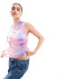 Pieces high neck ruched mesh cami top in pink multi ombre