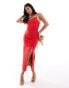 Vesper Petite one shoulder spaghetti strap thigh split midaxi dress in red