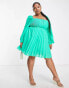 ASOS DESIGN Curve square neck pleated mini skater dress in emerald green