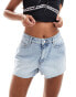 Miss Selfridge heart pocket denim shorts in mid wash blue