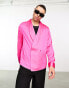 ASOS DESIGN long sleeve double breasted satin shirt with shawl collar in neon pink