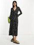 ASOS DESIGN long sleeve collared midi wrap dress in black floral ditsy print