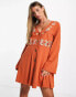 ASOS DESIGN long sleeve button down waisted mini dress with floral embroidery in rust