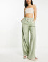 Stradivarius crinkle pull on wide leg trouser in khaki