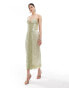 ASOS DESIGN satin patchwork lace midi dress with hook and eye detail in sage green