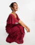 ASOS DESIGN flutter sleeve ruffle maxi dress with cut out detail in textured spot in dark red