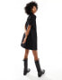 Monki short sleeve button through collar mini dress in black