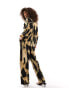 Vila satin wide leg trouser co-ord in abstract leopard