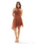 ASOS DESIGN cross front halter gathered mini dress with side split in brown