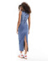 Pull&Bear racer neck denim maxi dress in medium blue