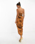 ASOS DESIGN satin corset bandeau midi dress with drape detail in rust floral print