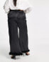 Yours Exclusive co-ord fluffy trim satin wide leg trousers in black