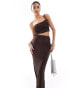 In The Style exclusive slinky one shoulder cut out maxi dress in chocolate