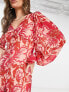 Pretty Lavish balloon sleeve button midaxi dress in red and pink floral