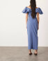 ASOS EDITION bardot ruched puff sleeve maxi dress in blue