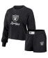 Women's Black Distressed Las Vegas Raiders Waffle Knit Long Sleeve T-shirt and Shorts Lounge Set