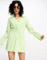 NA-KD x Stephsa twist front linen mini shirt dress in green