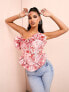 ASOS LUXE jacqaurd corset ruffle bandeau top in pink and red floral print