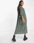 Monki tie sleeve smock midi dress in green swirl