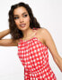 Pieces Petite tie sleeve playsuit in red gingham