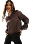 River Island long sleeve satin lace mix blouse in brown