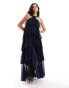 Vero Moda halterneck tiered maxi dress with corsage detail in navy blue