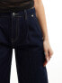 Stradivarius wide leg jean with pleat front in dark blue