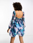 Glamorous puff sleeve mini smock dress with bow back in blue floral organza