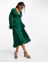 TFNC satin midi wrap dress with faux feather cuffs in emerald green