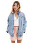 ASOS DESIGN denim bomber in mid wash blue