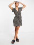 ASOS DESIGN plisse short sleeve ruffle wrap mini dress in brown leopard print