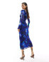 ASOS DESIGN floral ruffle v neck midi dress with flared sleeve in blue floral print