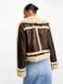 Miss Selfridge faux leather borg lined zip front trucker jacket in brown