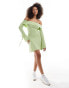 ASOS DESIGN ribbed bardot long sleeve mini dress with tie sleeves in light green