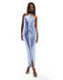 Rare London fringe detail halterneck midi dress in baby blue