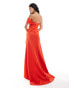 ASOS DESIGN premium off shoulder corsage maxi dress with train in red