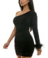 Juniors' Asymmetric One-Sleeve Feather-Trim Ruched Bodycon Dress