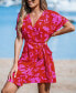 Women's Pink Floral Side Tie Wrap Mini Beach Dress