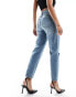 New Look ripped mom jean in tinted blue wash