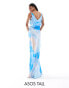 ASOS DESIGN Tall satin square neck maxi dress with cowl back detail in blue abstract print