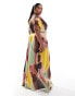 ASOS DESIGN Curve exclusive satin fallen shoulder shoulder side split maxi dress in abstract print