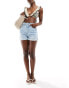 Pieces 'Miami Beach Surf Club' denim shorts with turn up in light wash blue