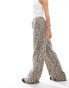 Stradivarius Petite tie waist linen trouser in leopard print