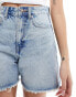 Pull&Bear high waisted raw hem longline denim shorts in light blue